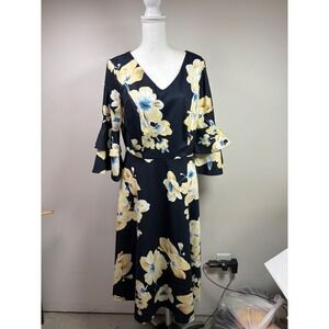 Dress Tells Womens XL Navy Blue Yellow Floral V-Neck Tiered Bell Sleeve Dress